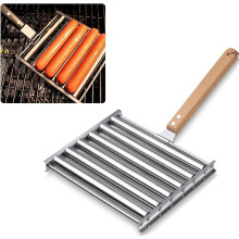 14" pølsevalse for BBQ-grill, pølsehylle i rustfritt stål med avtakbart trehåndtak – kompatibel med Beef Franks og Wieners