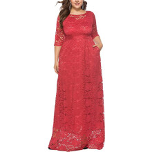 Damen Maxikleid mit Blumenmuster, Spitze, 2/3-Ärmeln, Abendkleid, langes Kleid, Größe 4XL, Koralle