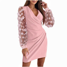 Midi-jurken voor dames, winterjurken voor dames, elegante feest- of avondjurk met V-hals en kanten details, lange mouwen en getailleerde pasvorm.