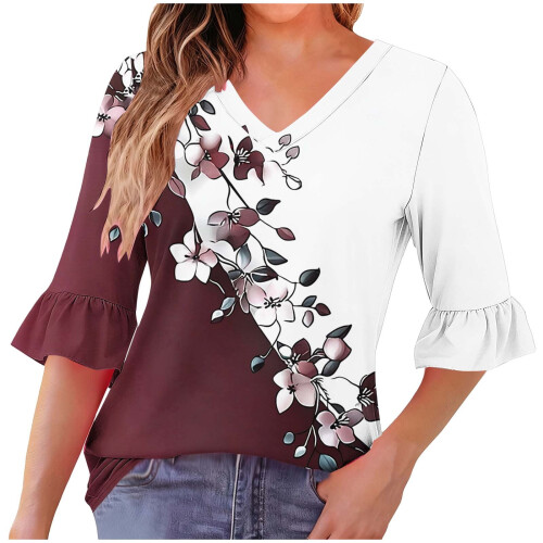 Γυναικεία Μπλούζα με V-Neck, Σχέδιο και Βολάν, με Μικρές Πτυχώσεις – Άνετο Ύφασμα,