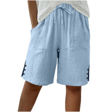 Women's Summer Solid Loose Straight-Leg5/4Shorts w/ Pockets, Side Slits, High Waist & Elastic – Casual Sport/Beach Outfit