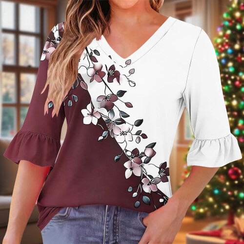 Γυναικεία Μπλούζα με V-Neck, Σχέδιο και Βολάν, με Μικρές Πτυχώσεις – Άνετο Ύφασμα, 1