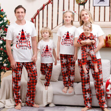 Matchende familie pyjamassæt Julepyjamas Kortærmet T-shirt og print Ternede bukser Loungewear Feriepyjamassæt
