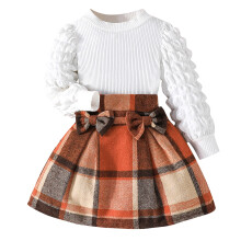 Conjunto de roupa infantil Ediodpoh para bebê menina, composto por blusa de manga comprida xadrez e saia com laço, duas peças, laranja, tamanho