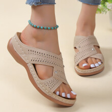 Damen-Plateausandalen mit Keilabsatz und Fußgewölbestütze, lässige Schuhe, einfarbig, niedrige Absätze, modische Flip-Flops, orthopädische