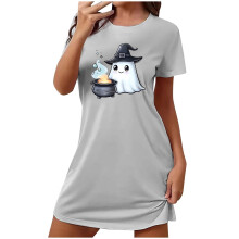 Halloween-Party-Must-have: Plus-Size-Schlafkleid mit Cartoon-Print, kurzen Ärmeln, Rundhalsausschnitt, weichem Polyester-Spandex-Gemisch (Größen