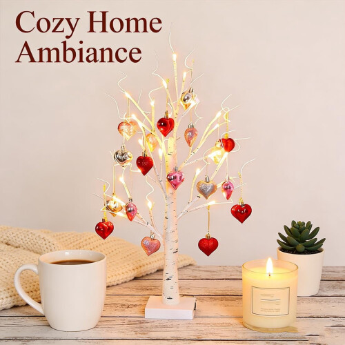 Lámpara de abedul en forma de corazón de 25" con 24 LED y 15 2