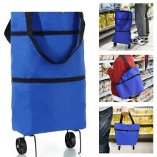 DISEN Folding Shopping Cart,Trolley Bag with Wheels,Folding Shopping Zipper Oxford Cloth Bag for Groceries with Wheels Bracket and Removable Bag Blue