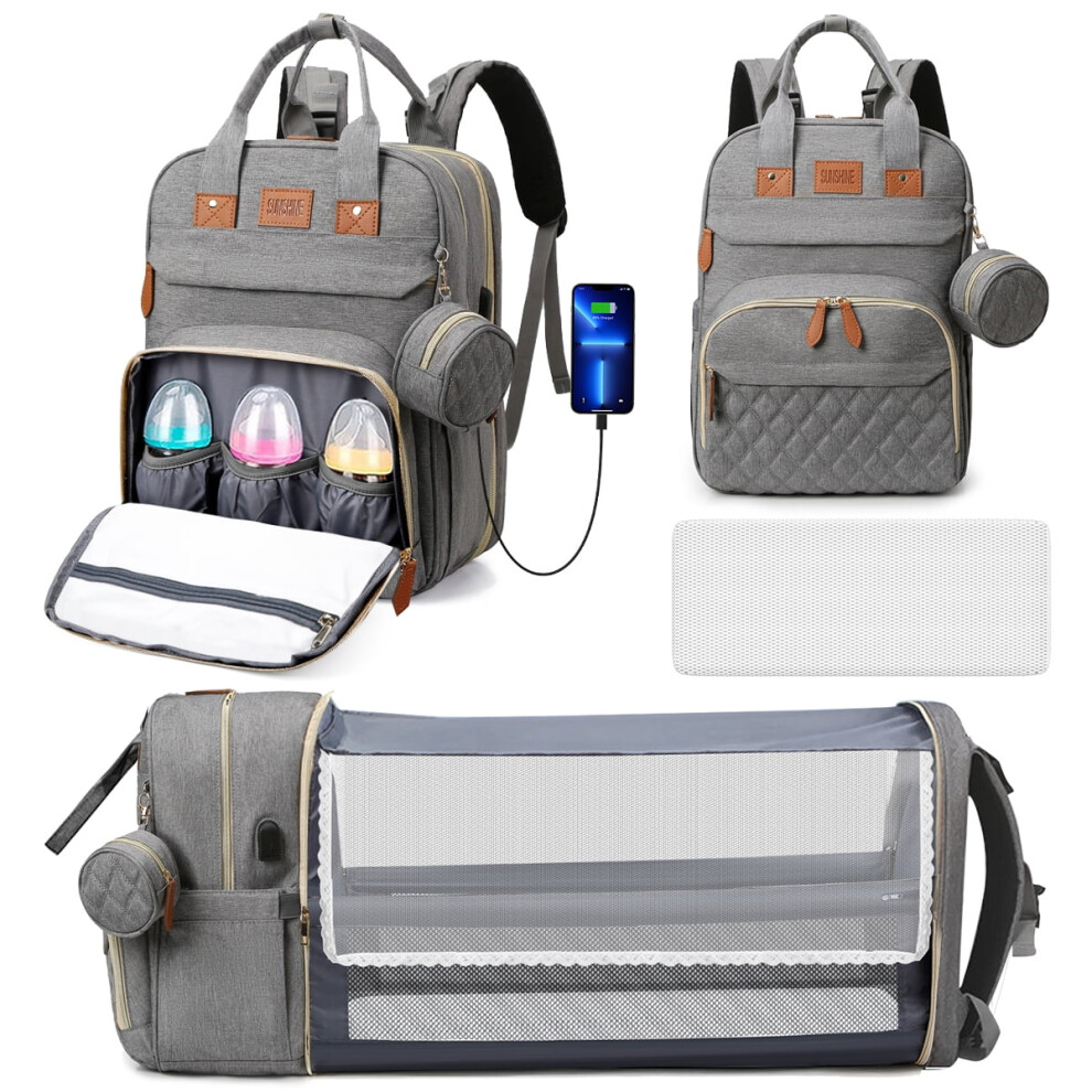 Multifunction Diaper Bag Backpack With Changing Station, Waterproof, Usb Charging & Pacifier Case – Compatible With All Strollers (Grey) Grey