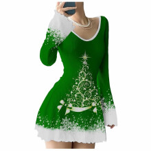 Damklänning med V-ringning, långärmad snöflingemönster och spetskant, stickad i polyester-spandex, S–2XL – Vinterklänning för fest och