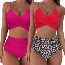 Maiô feminino de cintura alta, conjunto de biquíni de duas peças, modelagem alta, controle de abdômen, cobertura total, listrado, com alças.