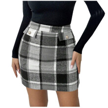 Damesrok, casual ruitjesprint, hoge taille, nauwsluitende kokerrok, knoop- en ritssluiting, aansluitende rok voor dames.