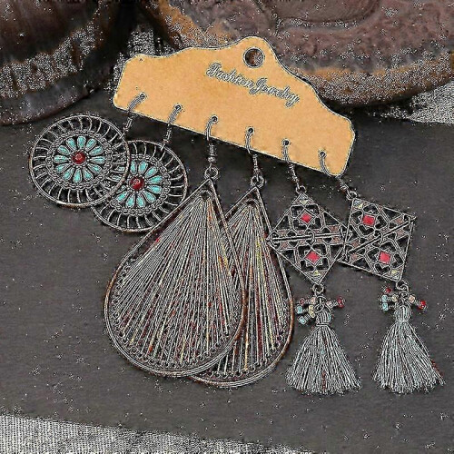 Vintage Geometry Flower Metal Tassel Drop Earrings Set for Women Boho--|model Code5363 2