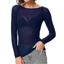 (S,Blue)Base Layer Shirt Women See-through Long Sleeve Seamless Arm Shaper Top Mesh Shirt Blouse