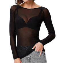 (XXL,Black)Base Layer Shirt Women See-through Long Sleeve Seamless Arm Shaper Top Mesh Shirt Blouse