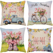 Hello Spring Pillow Covers 20x20, Set of 4 Soft Velvet Floral Cushion Covers for Sofa, Couch, Outdoor – Compatible with Standard 20" Inserts