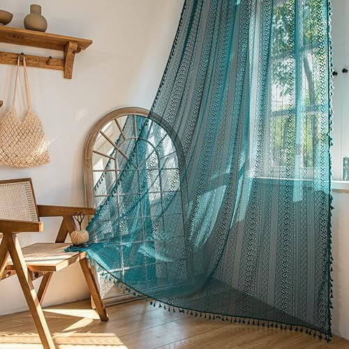 Boho-Häkelgardine, transparent, 150 x 213 cm, Türkis