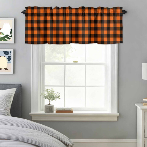 Cortina de varão xadrez laranja e preto, 42 x 18 polegadas.