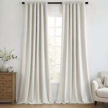 100% Blackout Curtains 90" Long, 2-Pc Set – Thick Faux Linen, Back Tab Pleat, Textured Drapes with Hooks, Light Beige, Compatible with Standard Rods