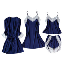Ensemble de nuit minimaliste 4 pièces pour femme avec bordure en dentelle : débardeur, robe de nuit, short et peignoir. Tailles : S à 2XL.