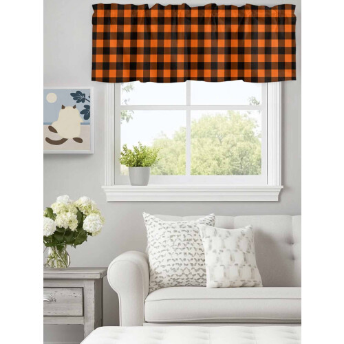 Cortina de varão xadrez laranja e preto, 42 x 18 polegadas. 2