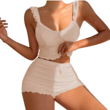 Dames nachtjaponset met camisole en shorts met hoge taille | Casual loungewear | Effen kleur pyjama met ruches, maten S-3XL