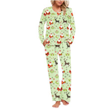 Kerstpyjama voor dames, feestelijke nachtkleding, zacht en comfortabel, lange mouwen, zakken, sneeuwvlokkenprint, 2-delige pyjamaset, maten S - 3XL,