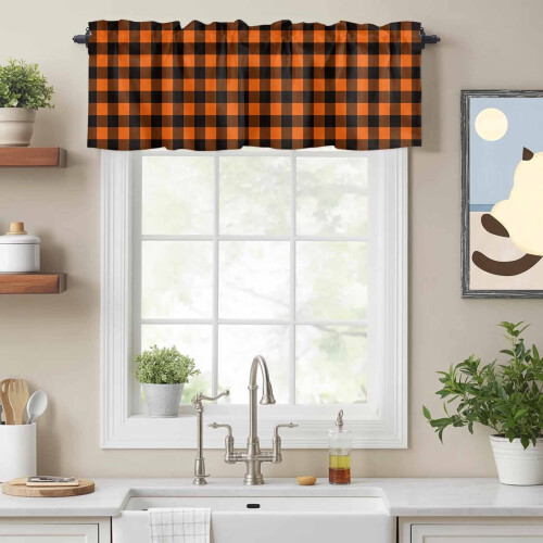 Cortina de varão xadrez laranja e preto, 42 x 18 polegadas. 1