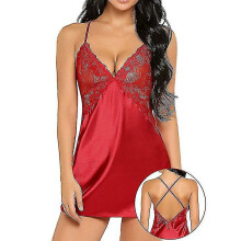 (S,Red)Satin Lace Chemise Nightdress Nighty Nightwear, Sexy Women's Lingerie, Red (s)