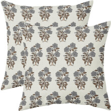 Brown & Grey Floral Block Print Pillow Covers 16x16, Set of 2, Chinoiserie Design, Linen, Outdoor & Farmhouse Decor, Compatible with Standard Inserts