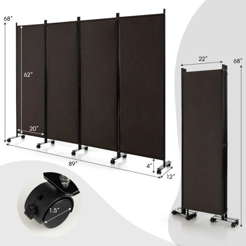 Room Divider Panel Brown 4-Panel 6 Feet with Lockable Wheels 1
