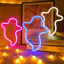 Letrero de neón de fantasma de Halloween – Lámpara LED, funciona con pilas/USB, decoración de interiores para habitación infantil, fiesta, sala