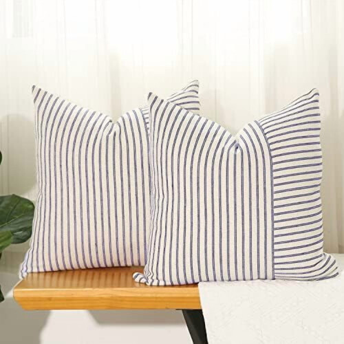 Fodere per cuscini in lino a righe blu navy e beige, 45x45 cm (confezione da 2)