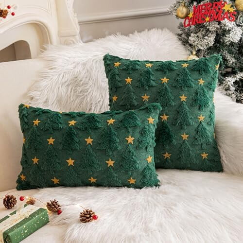 Conjunto de 2 capas de almofada decorativas com estampa de árvore de Natal verde, 45x45cm (18x18 polegadas), almofadas de pele sintética para 2