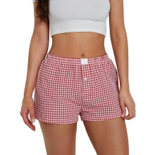 Shorts xadrez femininos casuais com cintura elástica, estilo boxer, para usar em casa ou como pijama.