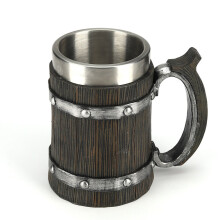 Wood Barrel Style Beer Mug Stainless Steel Lined Large Capacity Rustic Tankard