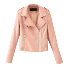 Veste en cuir femme décontractée, couleur unie, col à revers, fermeture éclair, coupe courte, blouse, manches longues, style motard, rose, taille