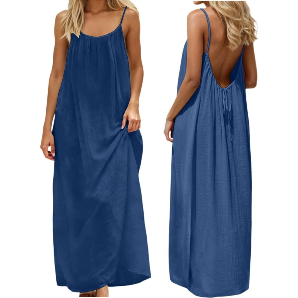 Women Backless Cami Dress, Summer Casual Sleeveless House Lounge Dresses, Spaghetti Strap Flowy Long Beach Sundress 9180479997948