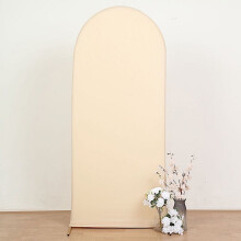 Soporte para arco de boda redondo de spandex mate ajustado color beige de 6 pies, ideal para fiestas, eventos y decoración.