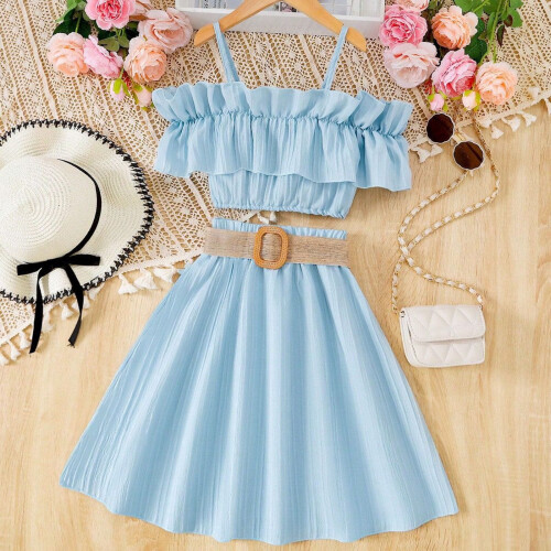 Ediodpoh Kids Casual Σετ 3 τεμαχίων: Αμάνικο τοπ με βολάν + φούστα με ζώνη, μπλε, για κορίτσια 1