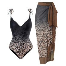 Badedragt med leopardprint og matchende strandnederdel til kvinder (sløjfestropper)