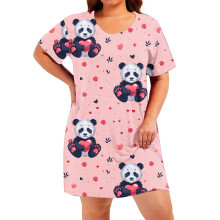 Női 2025 tavaszi-nyári bő, kerek nyakú, aranyos pandamintás, plus size, rövid ujjú hálóruha | XL-5XL
