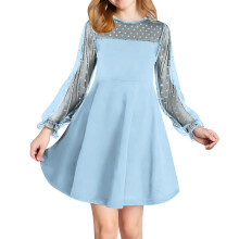 Pigernes A-linje meshkjole Trendy hyggelig blødt stof langærmet rund hals nederdel elegant stil til fest dans dimission (lyseblå #1,10 år)