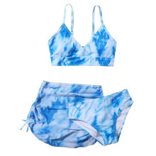 Girls' Summer Cute Crisscross To Dyeing Printing Floral Print Three Piece Swimsuit For 11-12 Years