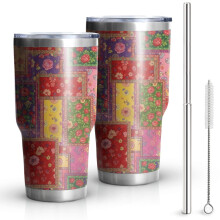 Vacuümgeïsoleerde drinkbeker van 887 ml met bloemenprint, deksel en rietjes.