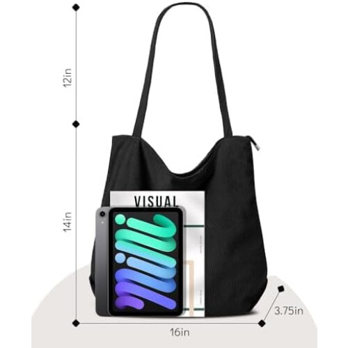 Borsa tote da donna in velluto a coste con cerniera e tasche interne. 2