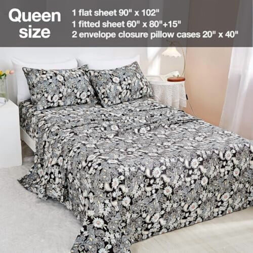 Queen Microfiber Sheet Set – 4 Piece, Floral Print, Deep 1