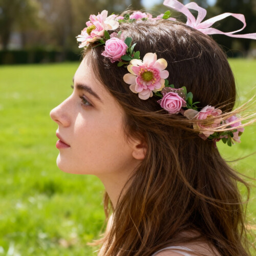 Tiara de Páscoa com flores artificiais e rosas, ajustável.