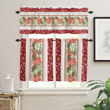Poinsettia Kitchen Curtains Set Red Gold Snowflake 3-Piece