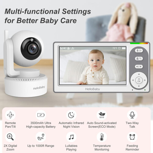 Monitor de vídeo para bebês de 4,3 polegadas com bateria de 30 horas, funções de panorâmica, inclinação e zoom, visão noturna, modo 1